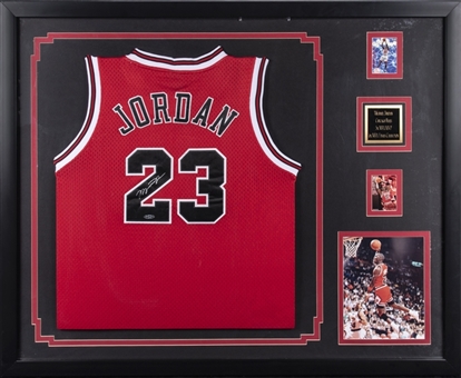 Michael Jordan Signed Chicago Bulls Road Jersey In 43x35 Framed Display (UDA)